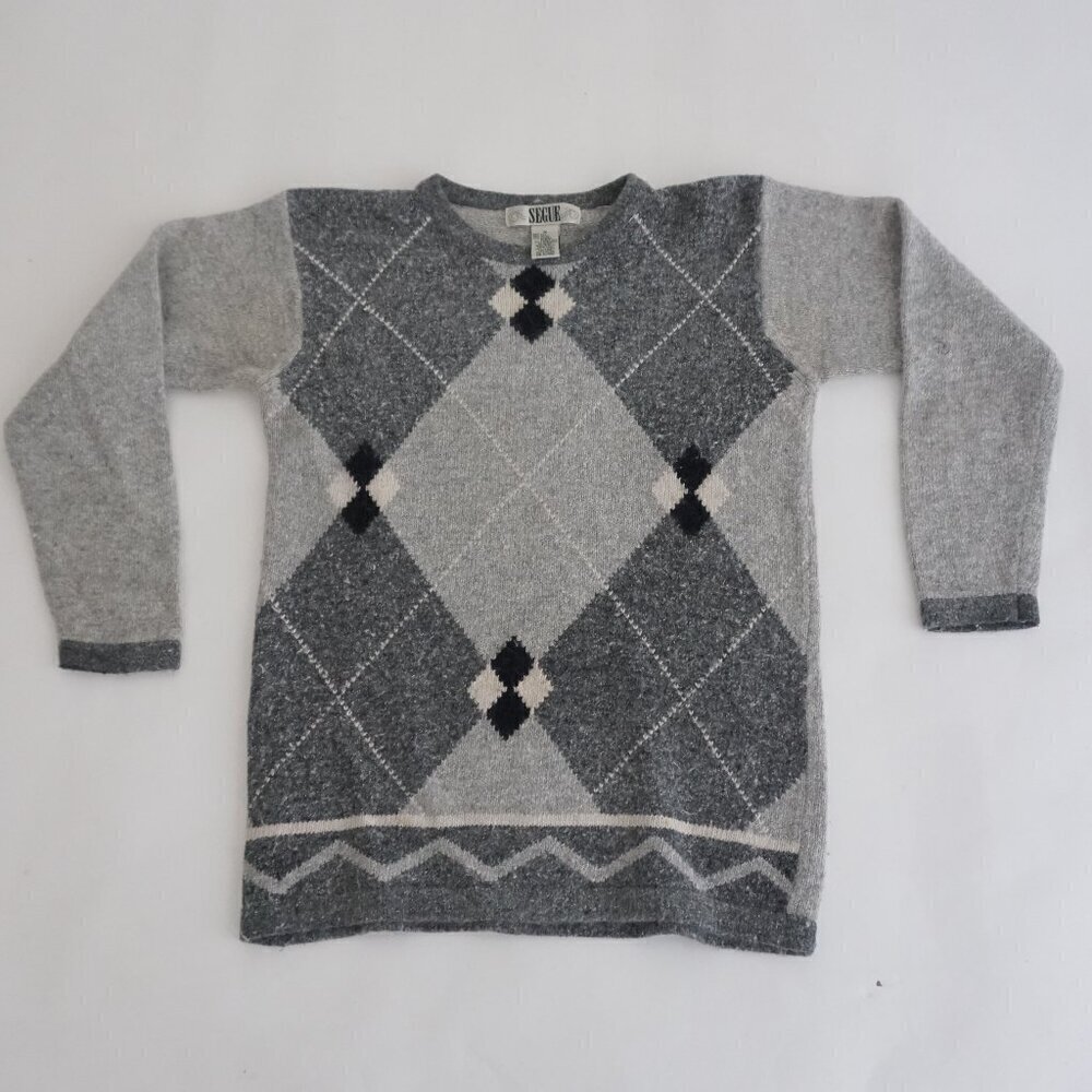 Vintage Segue Grey Argyle 58% Silk 10% Angora 2% Wool Crewneck Sweater M